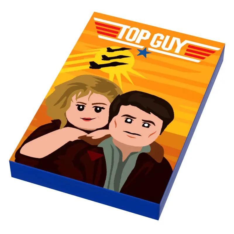 LEGO Top Gun movie cover tile featuring fighter jet and pilot, created by B3 Customs, designed for display or collection.