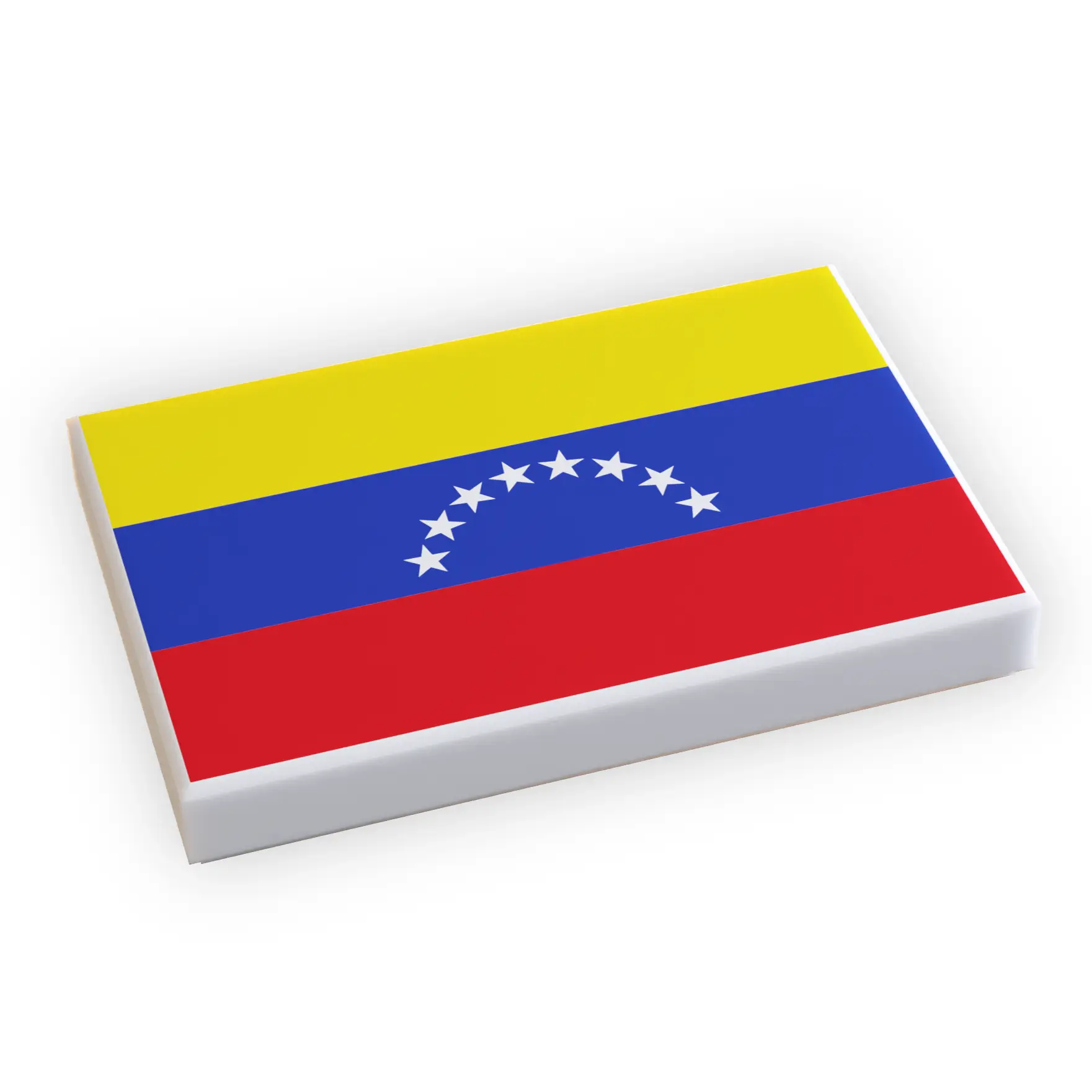 Venezuela flag tile made with LEGO bricks, featuring vibrant yellow, blue, and red colors, created by B3 Customs.