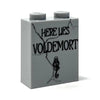 LEGO Voldemort tombstone Halloween decoration made with B3 Customs bricks, featuring a detailed black and gray brick-built design.