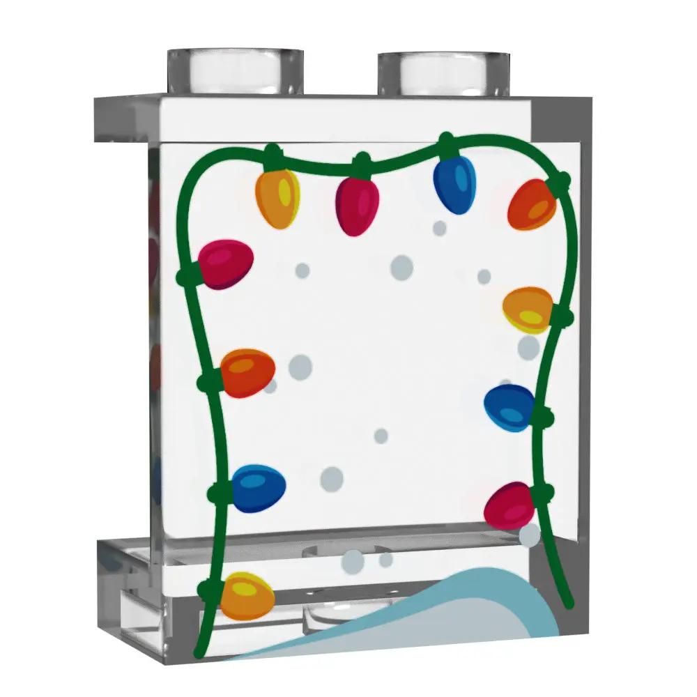 LEGO window with Christmas lights using 1x2x2 panel by B3 Customs, featuring festive holiday decorations in a detailed LEGO scene.