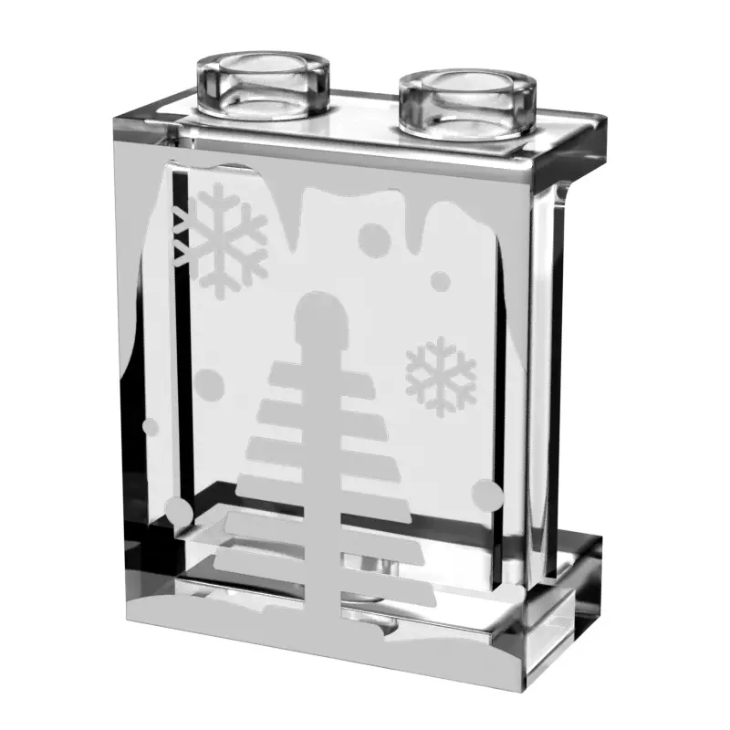 Lego winter village window panel with a Christmas tree, featuring a festive winter scene in a detailed B3 Customs design.