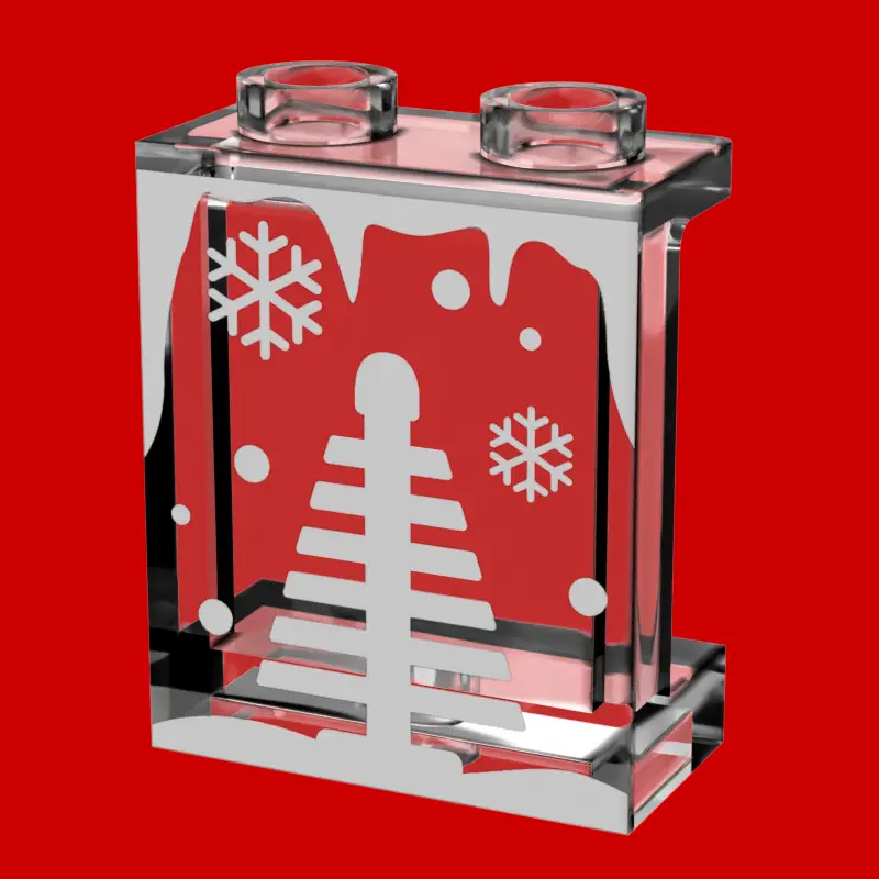 Lego Winter Village window panel with a Christmas tree scene, featuring a festive winter village design by B3 Customs.