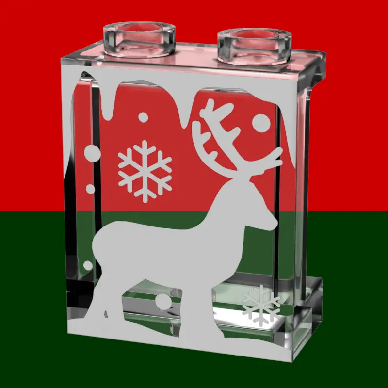 Lego winter village window panel with a reindeer design from B3 Customs, featuring a festive holiday scene with reindeer and snowy details.