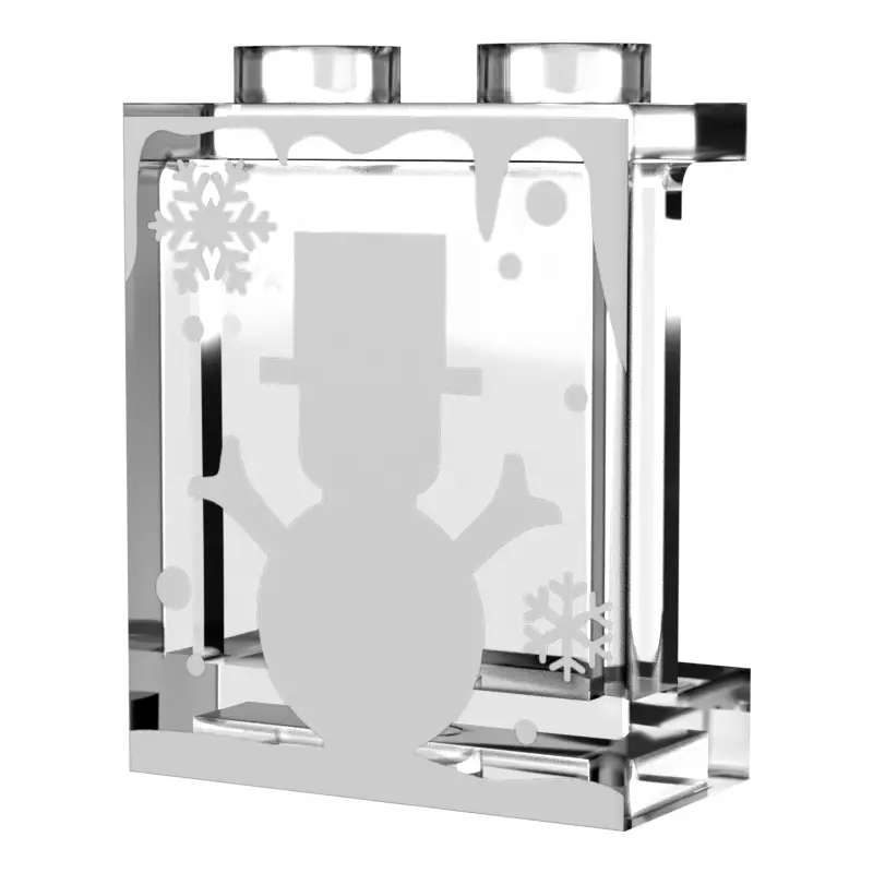 Lego winter village window panel featuring a white snowman decoration, crafted by B3 Customs with detailed snow-themed design.