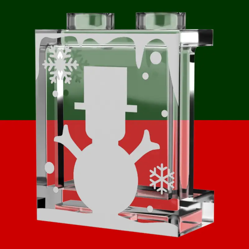 Lego winter village window with white snowman decoration, 1x2x2 panel by B3 Customs, featuring festive snowy scene and holiday charm.