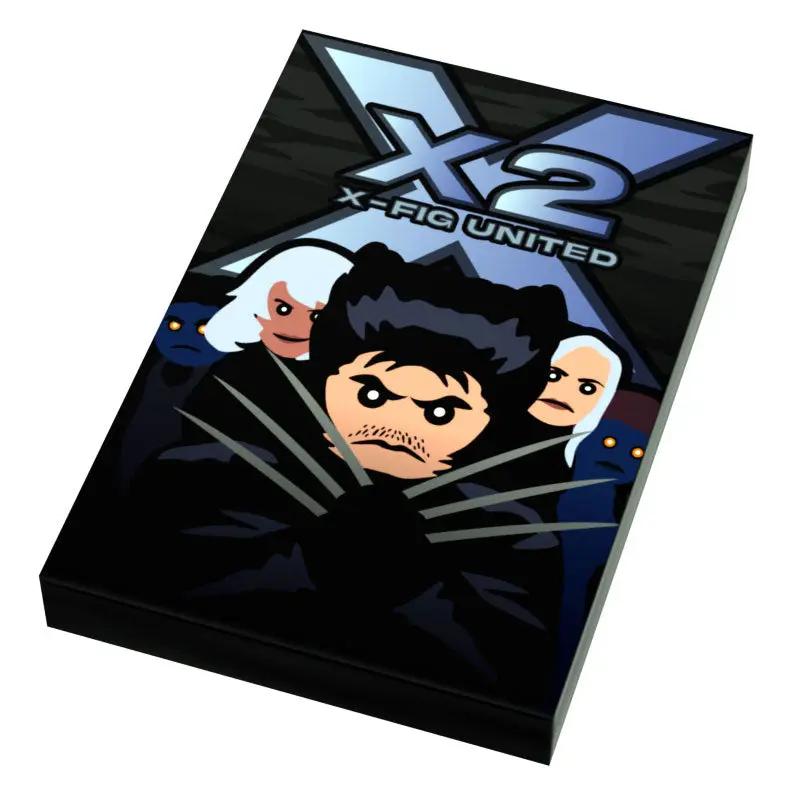 Custom LEGO X2 X-Men movie tile by B3 Customs featuring detailed X-Fig United cover artwork on a 2x3 tile.
