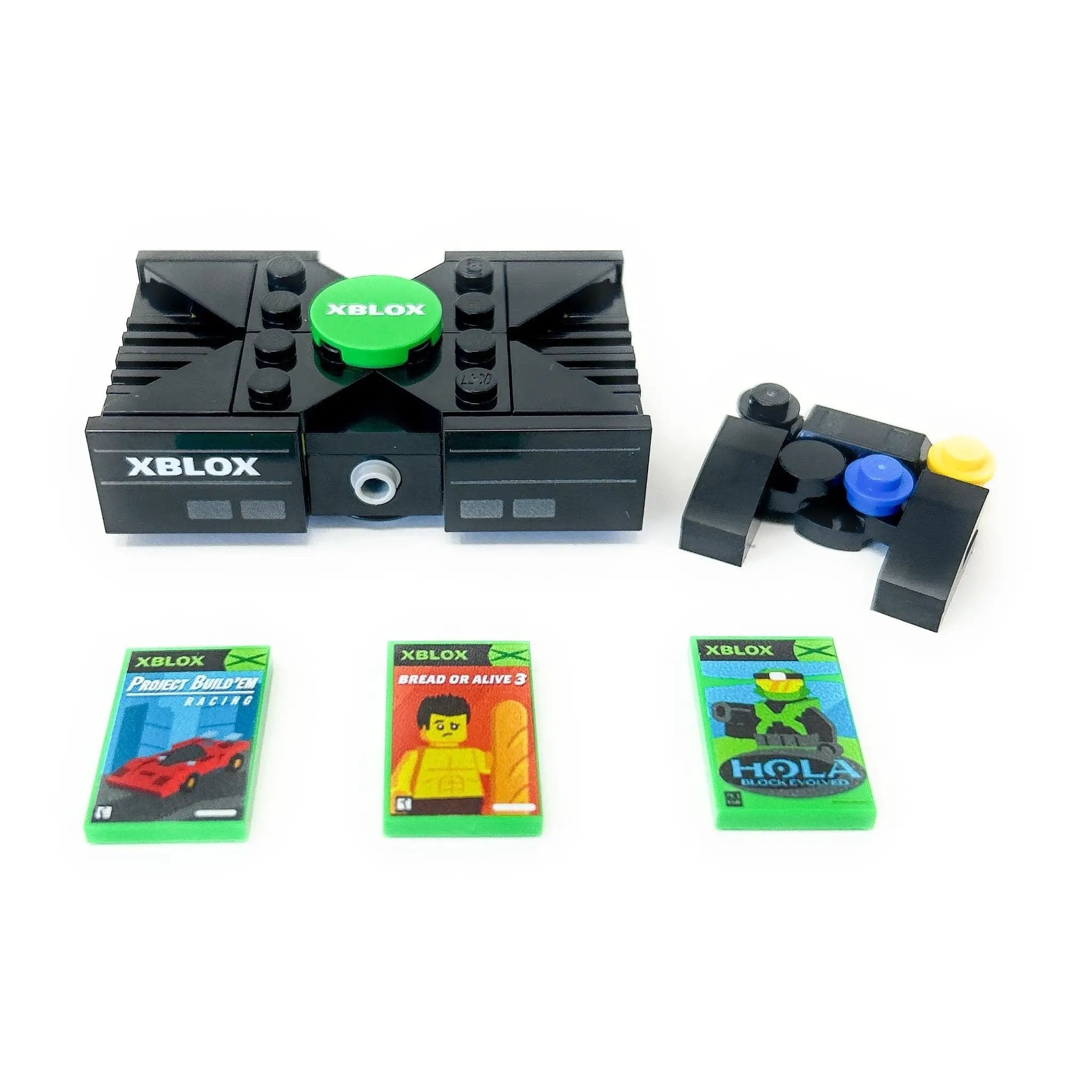 XBLOX 2001 custom LEGO video game console set by B3 Customs, featuring colorful LEGO brick design and retro gaming style.
