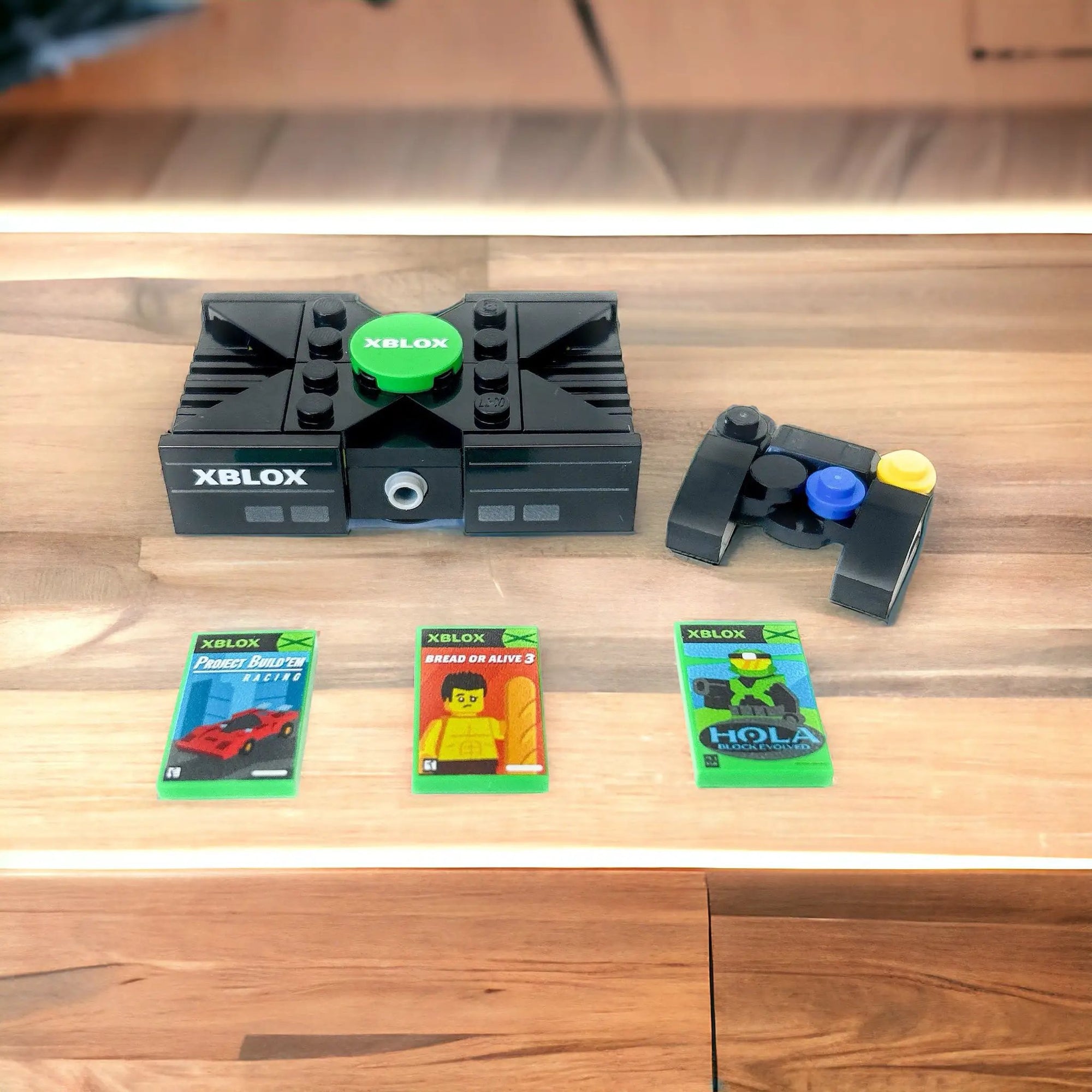 B3 Customs XBLOX 2001 custom LEGO video game console set with controller and colorful design.