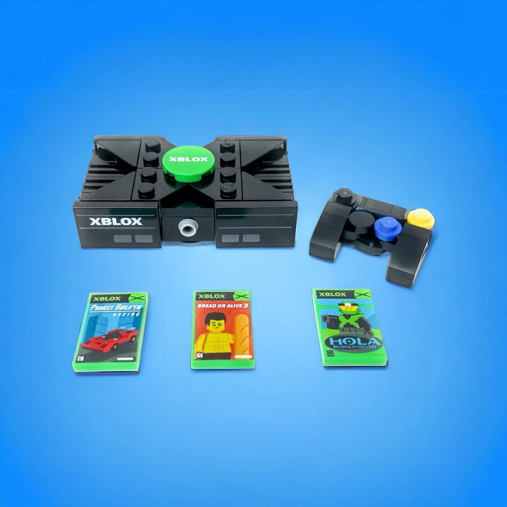 Custom XBLOX 2001 classic video game console set built with LEGO parts by B3 Customs, featuring detailed brick design and colorful components.