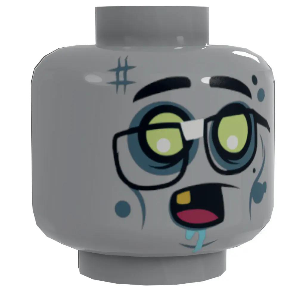 Custom LEGO zombie head with glasses and tape detail, designed by B3 Customs for LEGO minifigure accessories.