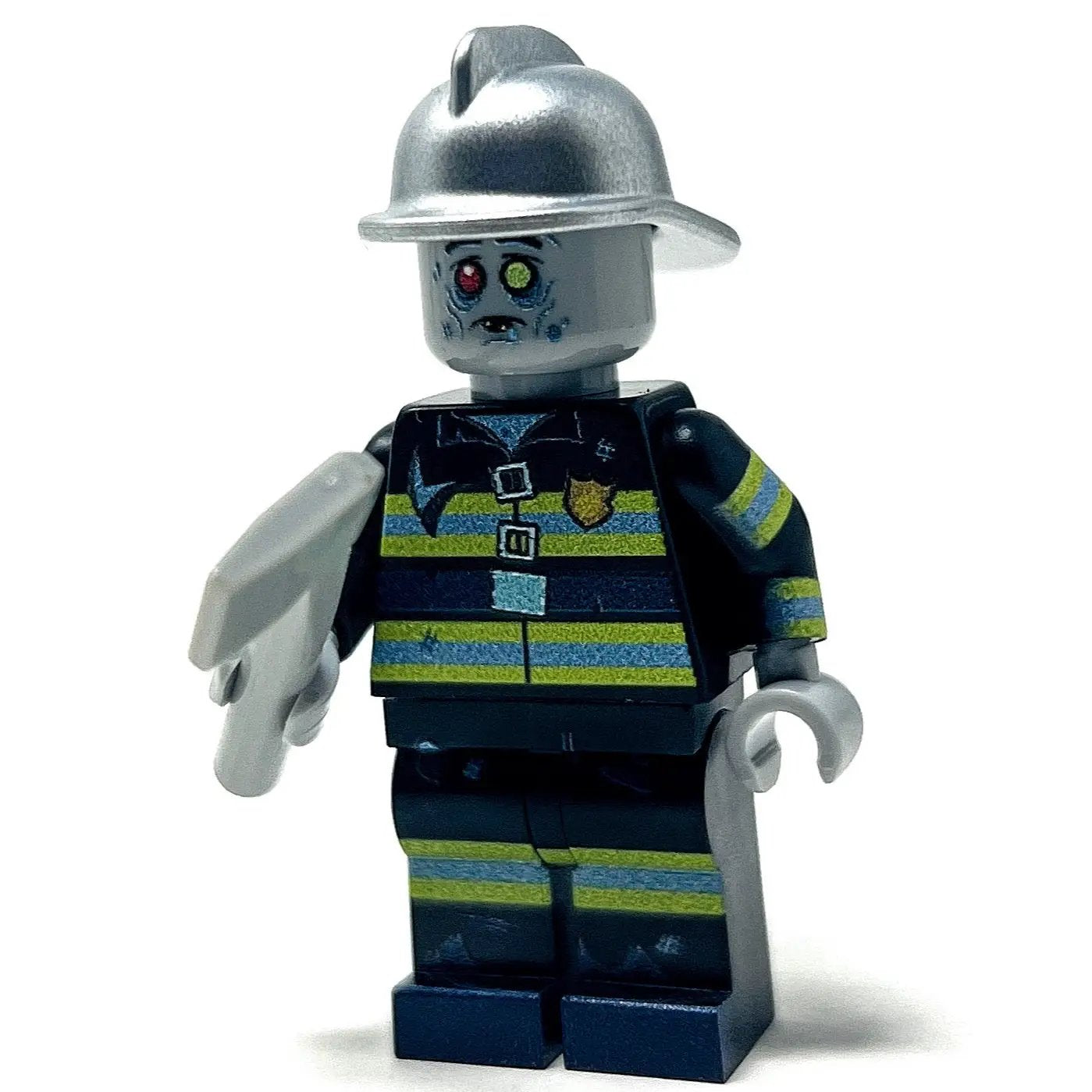 Custom LEGO zombie firefighter minifigure by B3 Customs, featuring a detailed zombie firefighter with LEGO bricks and accessories.