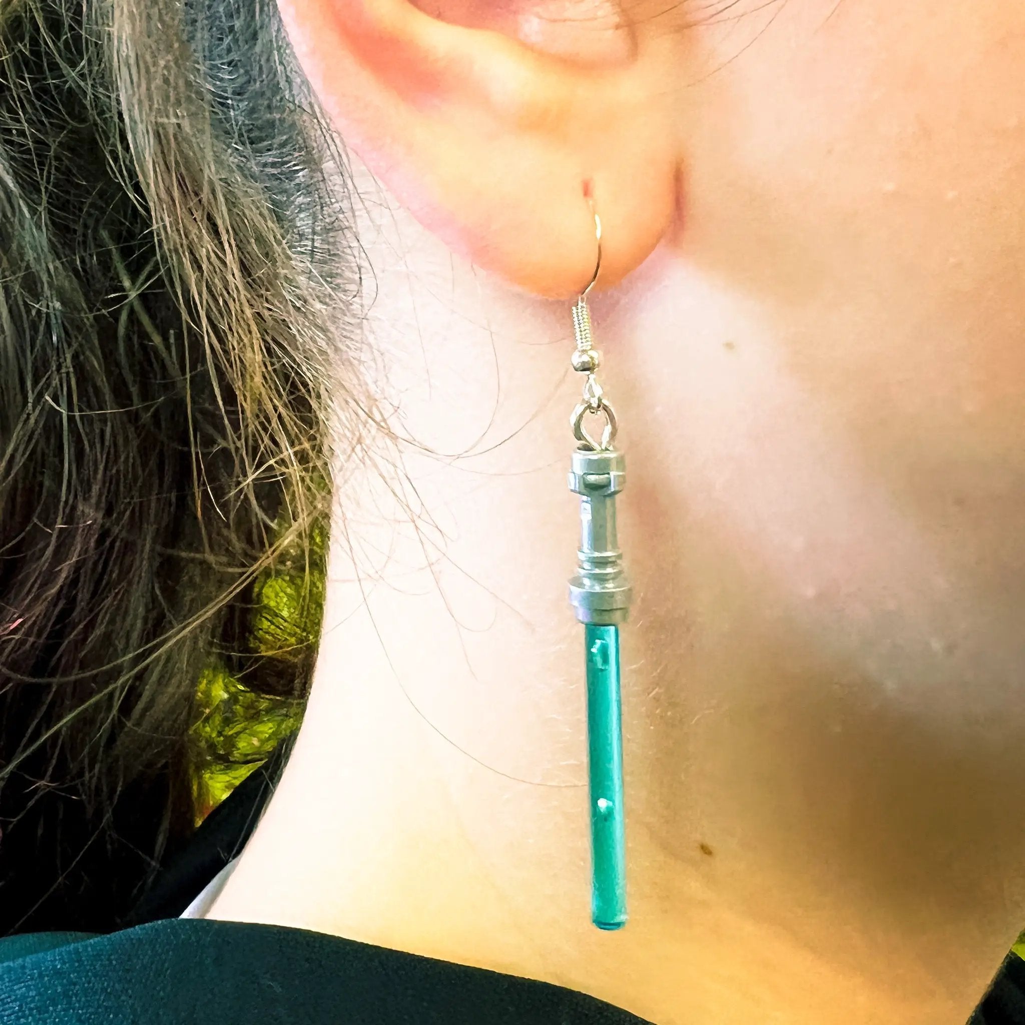 LEGO brick star wars lightsaber earrings by B3 Customs, detailed handmade earrings featuring miniature lightsaber replica.