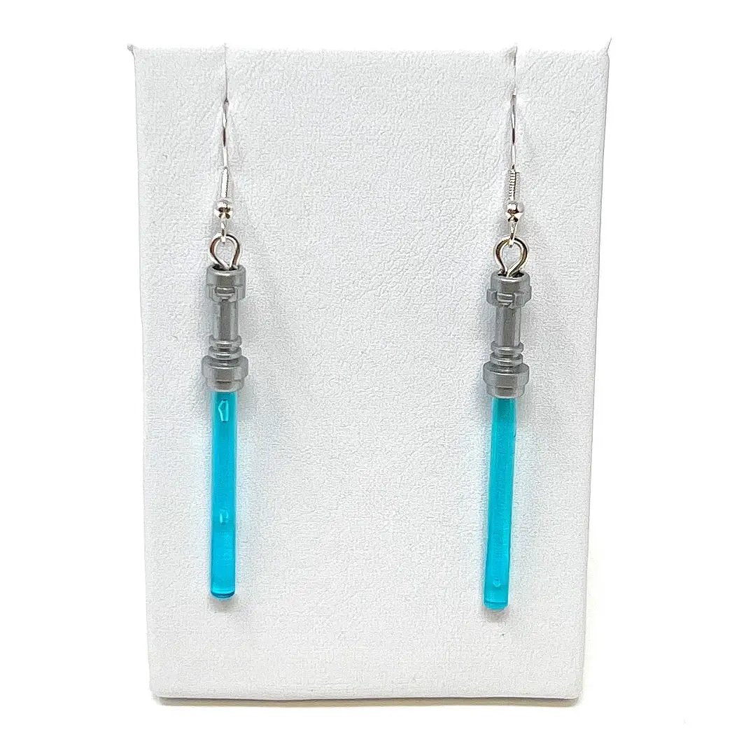 Star Wars Lightsaber earrings made from LEGO bricks by B3 Customs, featuring detailed miniature lightsaber designs on earrings.
