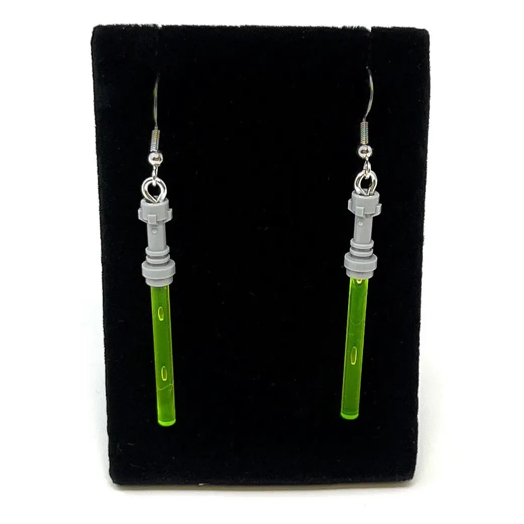 Star Wars Lightsaber earrings made from LEGO bricks by B3 Customs, featuring detailed miniature Lightsaber designs.