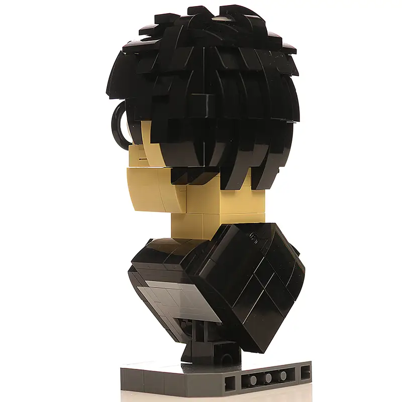 Instructions for building a Harry Potter bust MOC using LEGO parts by B3 Customs, showing the assembled LEGO Harry Potter figure.