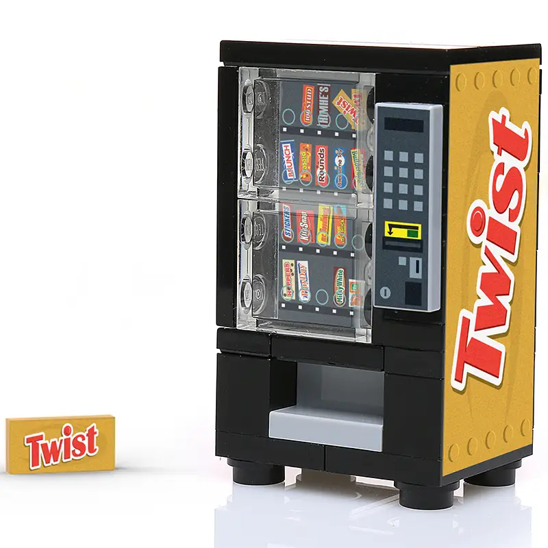 LEGO kit by B3 Customs featuring a Twist candy vending machine with detailed LEGO brick construction.