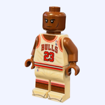 LEGO minifigure of basketball player MJ #23 in white jersey, made with B3 Customs LEGO parts, standing with arms at sides.