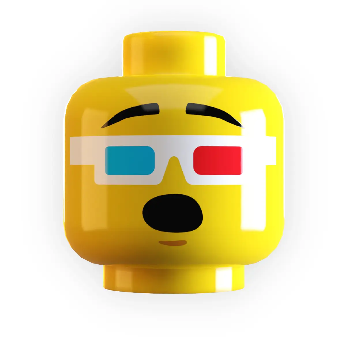 B3 Customs 3D glasses with a Wow expression on LEGO minifig head, featuring yellow 3D glasses and detailed facial expression.