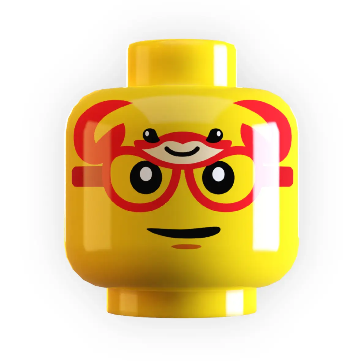LEGO minifig head wearing B3 Customs yellow crab beach sunglasses, playful LEGO accessory for minifigure costumes.