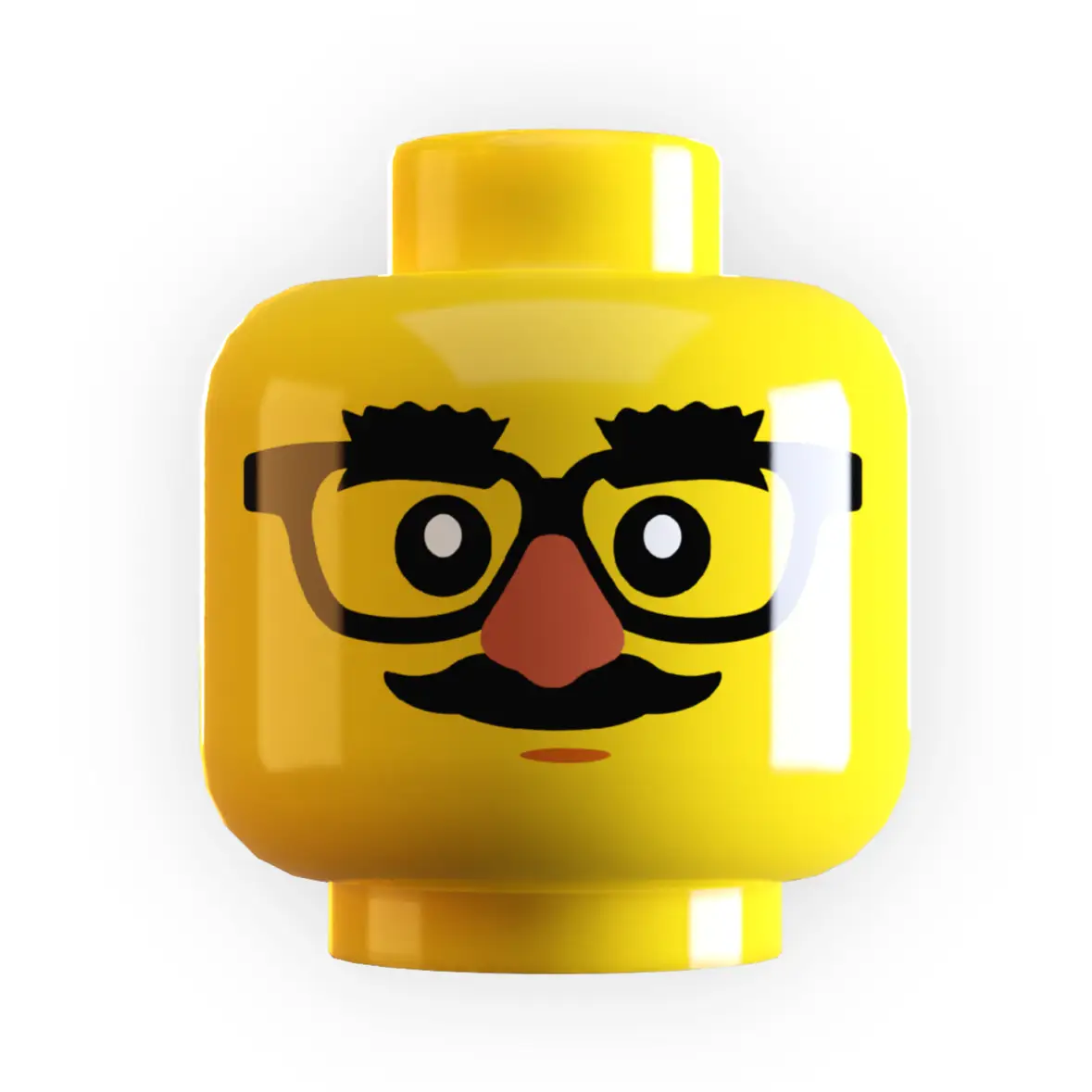 Yellow LEGO minifig head wearing funny B3 Customs glasses, fun and whimsical LEGO accessory for minifigure displays.