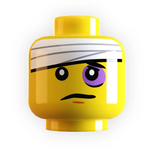 LEGO minifig head with black eye and bandage, custom head wrap accessory by B3 Customs for LEGO minifigure.