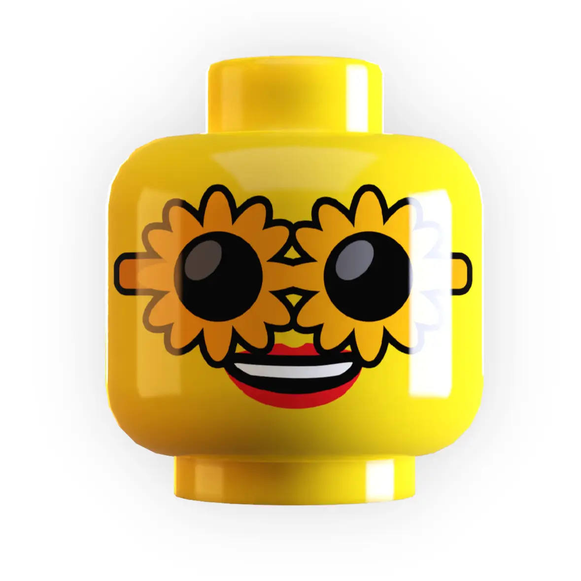 LEGO minifigure head with sunflower sunglasses from B3 Customs, detailed plastic accessory for LEGO figures.