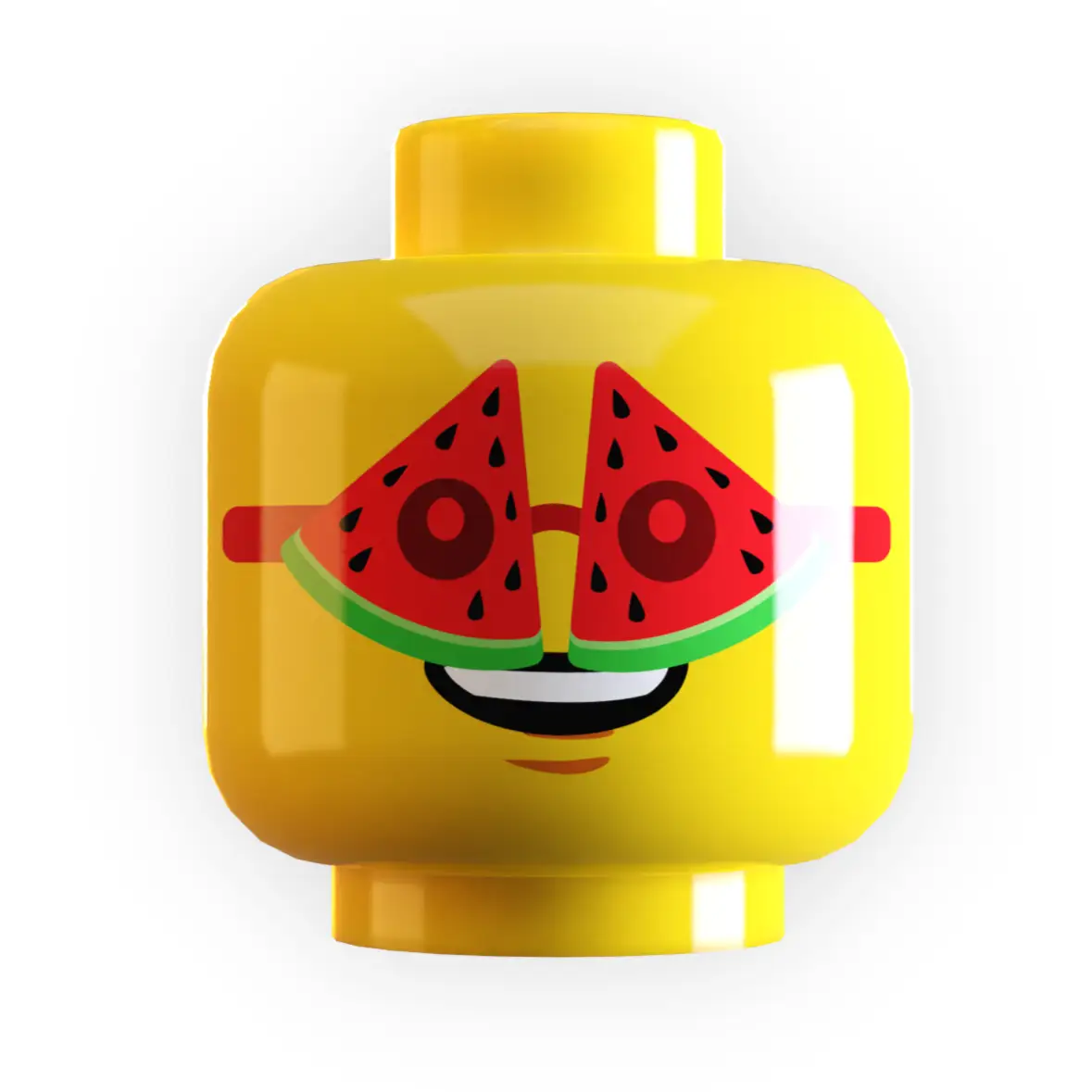 LEGO minifig head wearing B3 Customs watermelon-shaped glasses made from LEGO parts, detailed and colorful accessory.