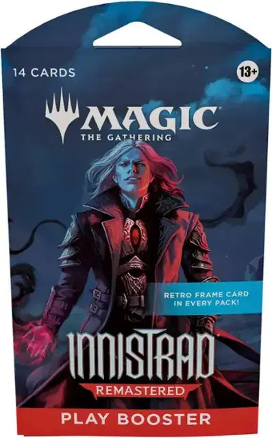 Magic: The Gathering Innistrad Remastered Play Booster pack featuring colorful card illustrations and booster packaging.