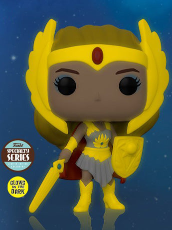 Glow-in-the-dark She-Ra Pop! figure from Masters of the Universe Specialty Series, featuring vibrant colors and iconic design.