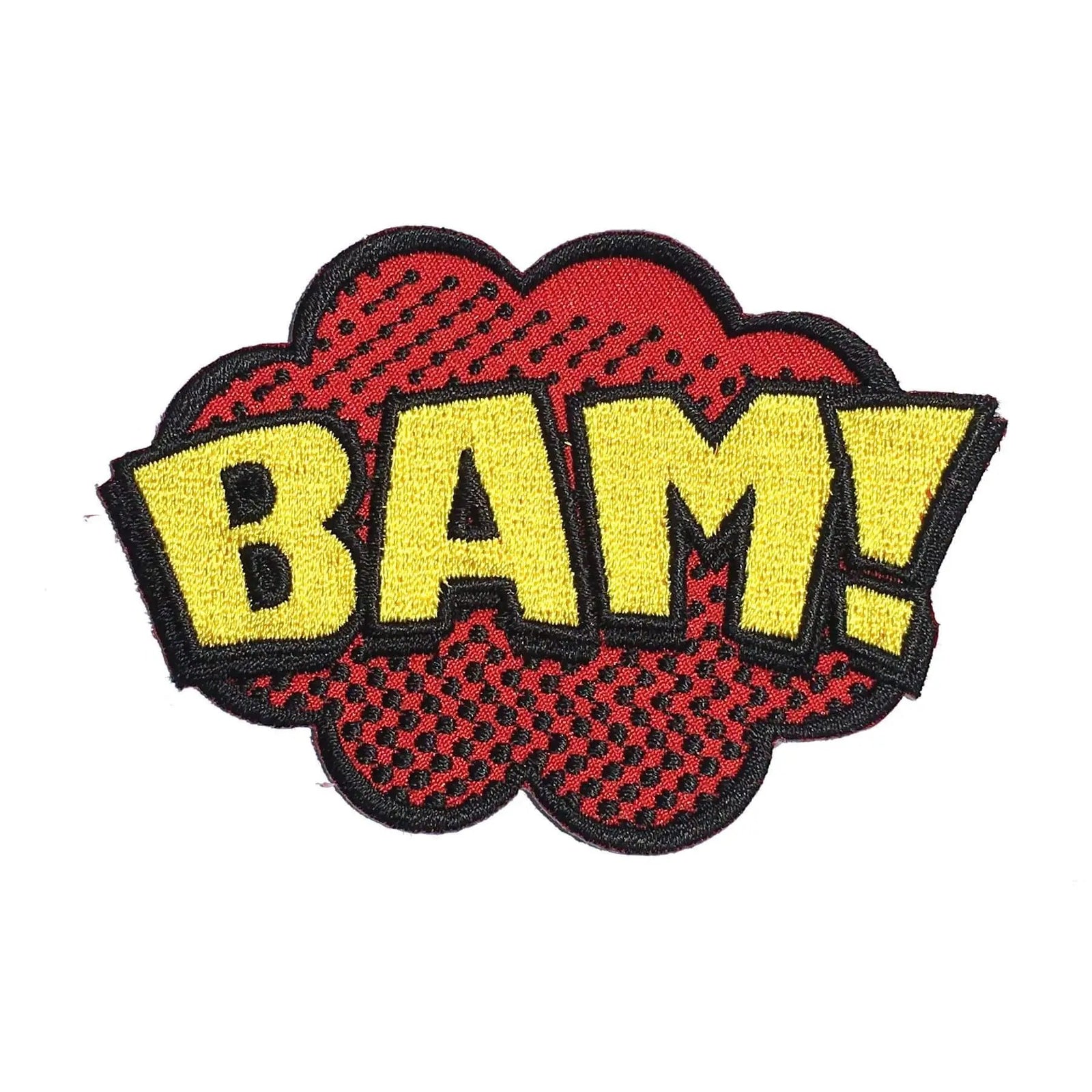 Kolorspun "BAM!" comic book iron-on patch with pop art design, featuring bold colors and classic comic style.