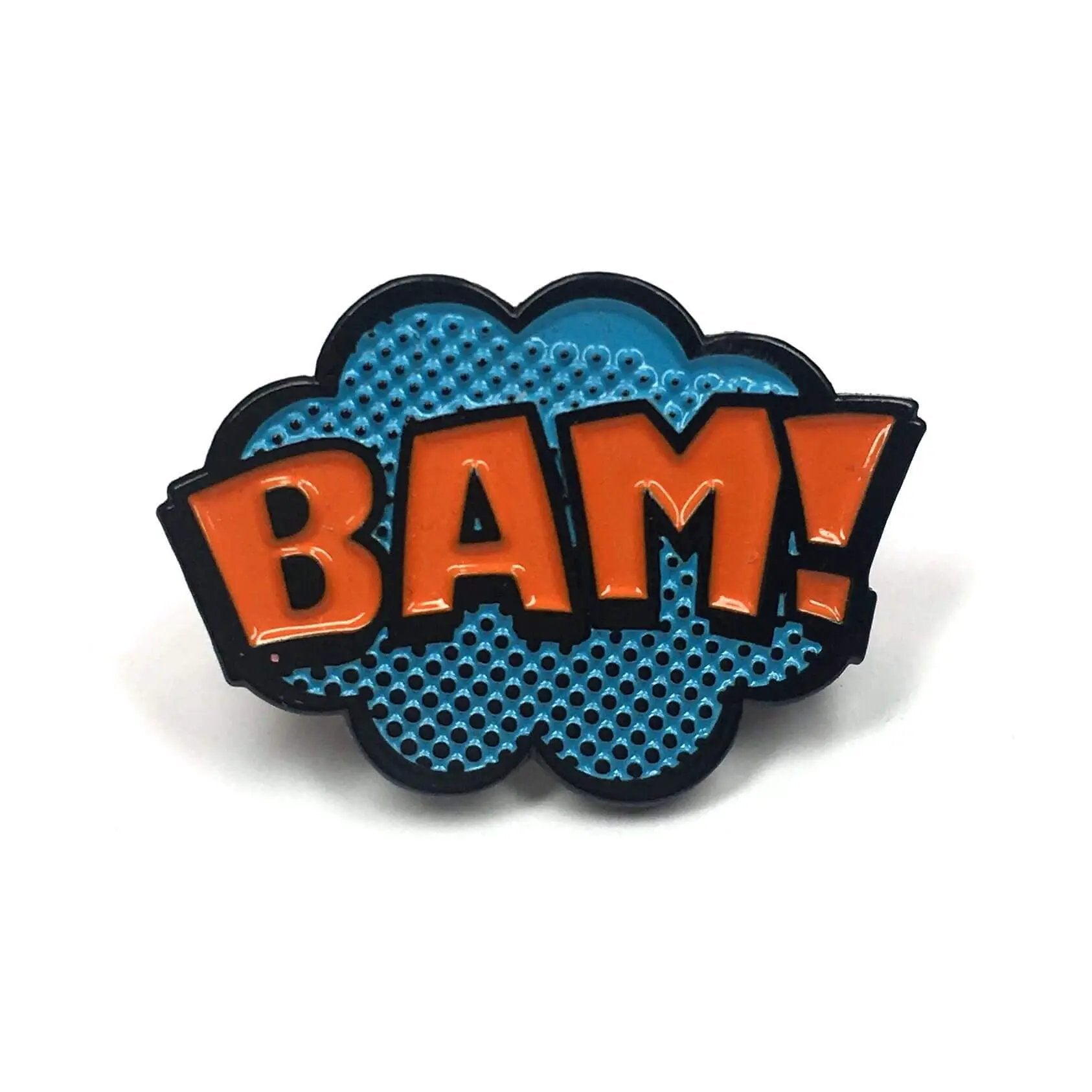 Colorful BAM! pop art enamel pin by Kolorspun featuring bold graphics and vibrant design on a metal pin backing.