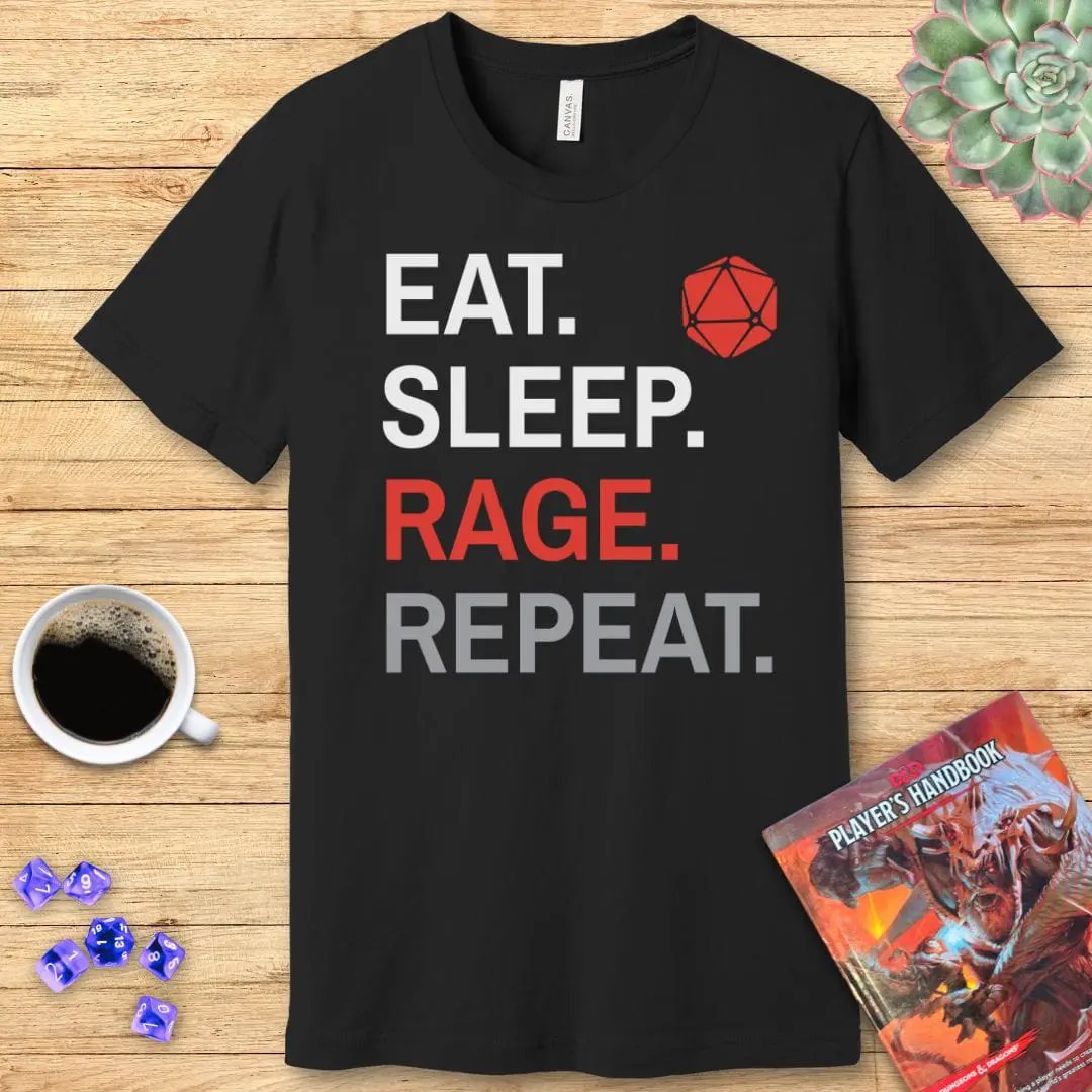 Barbarian T-Shirt – Eat Sleep Rage Repeat by Sunburst RPG
