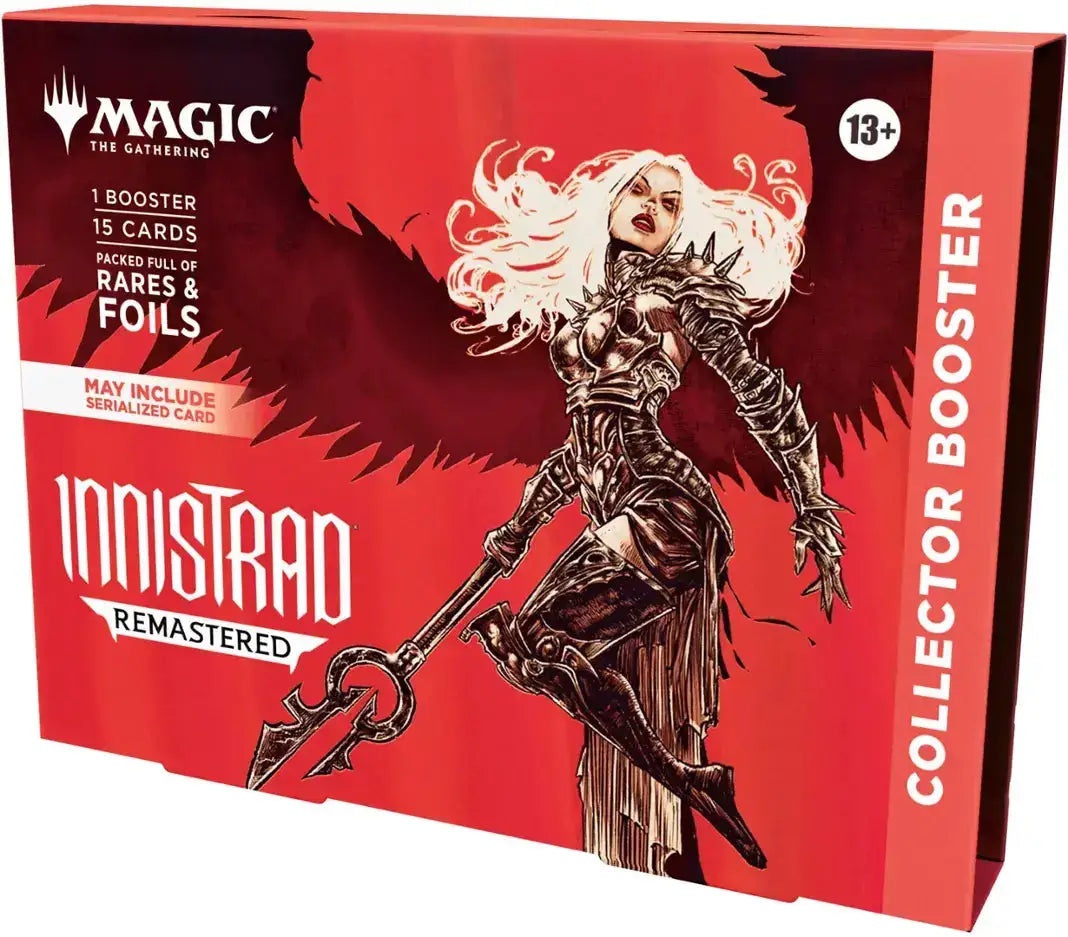 Magic: The Gathering Innistrad Remastered Collector Booster pack with 15 cards, featuring colorful card artwork and diverse Magic cards.