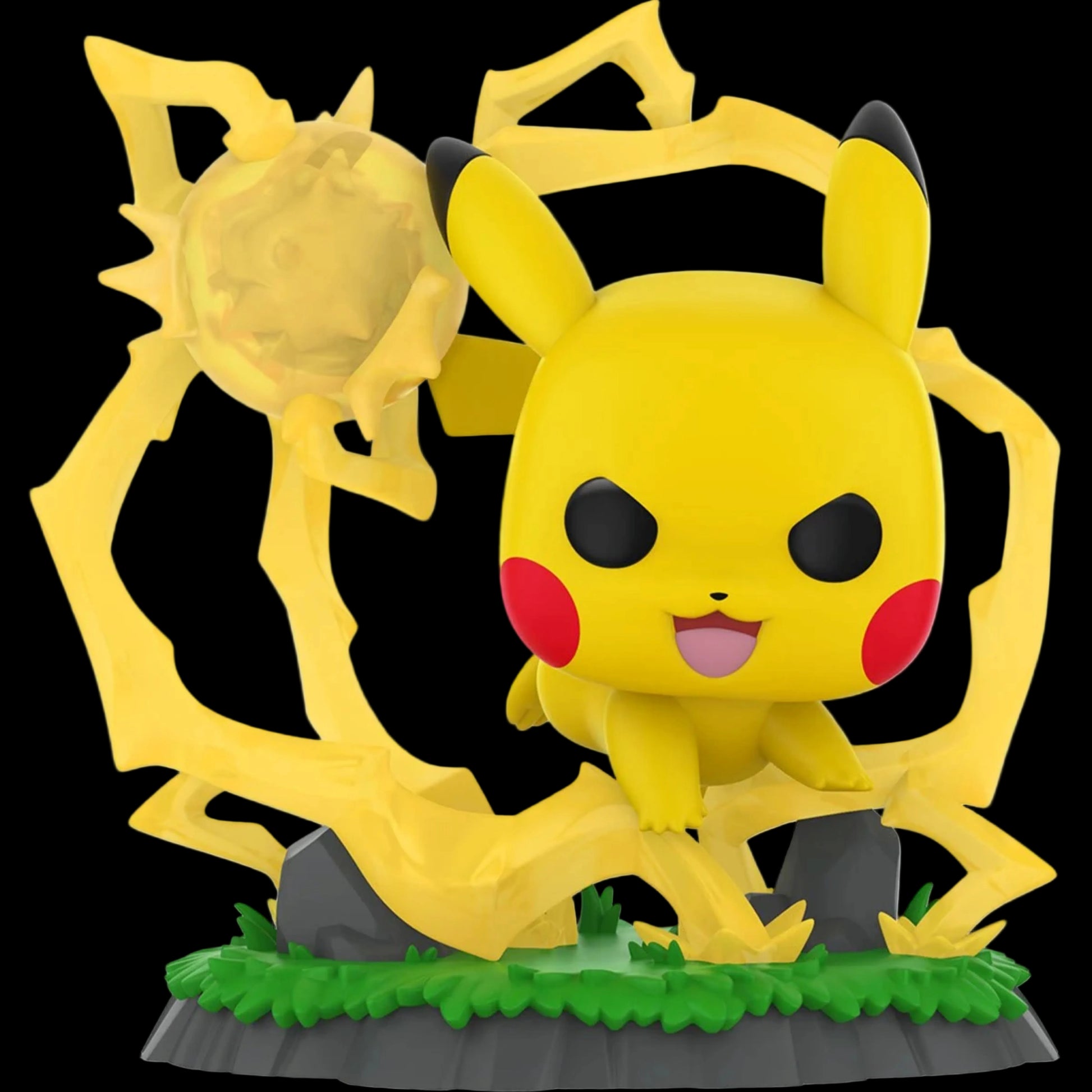 Pikachu figurine with a sun-like design on a white background