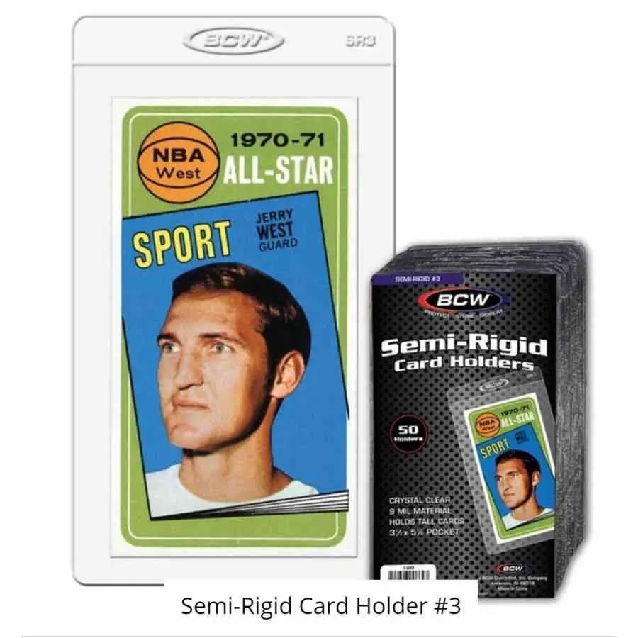 Semi-rigid card display by BCW Supplies, #3 Tall size, for trading cards, shown in a 50-pack with four displays.