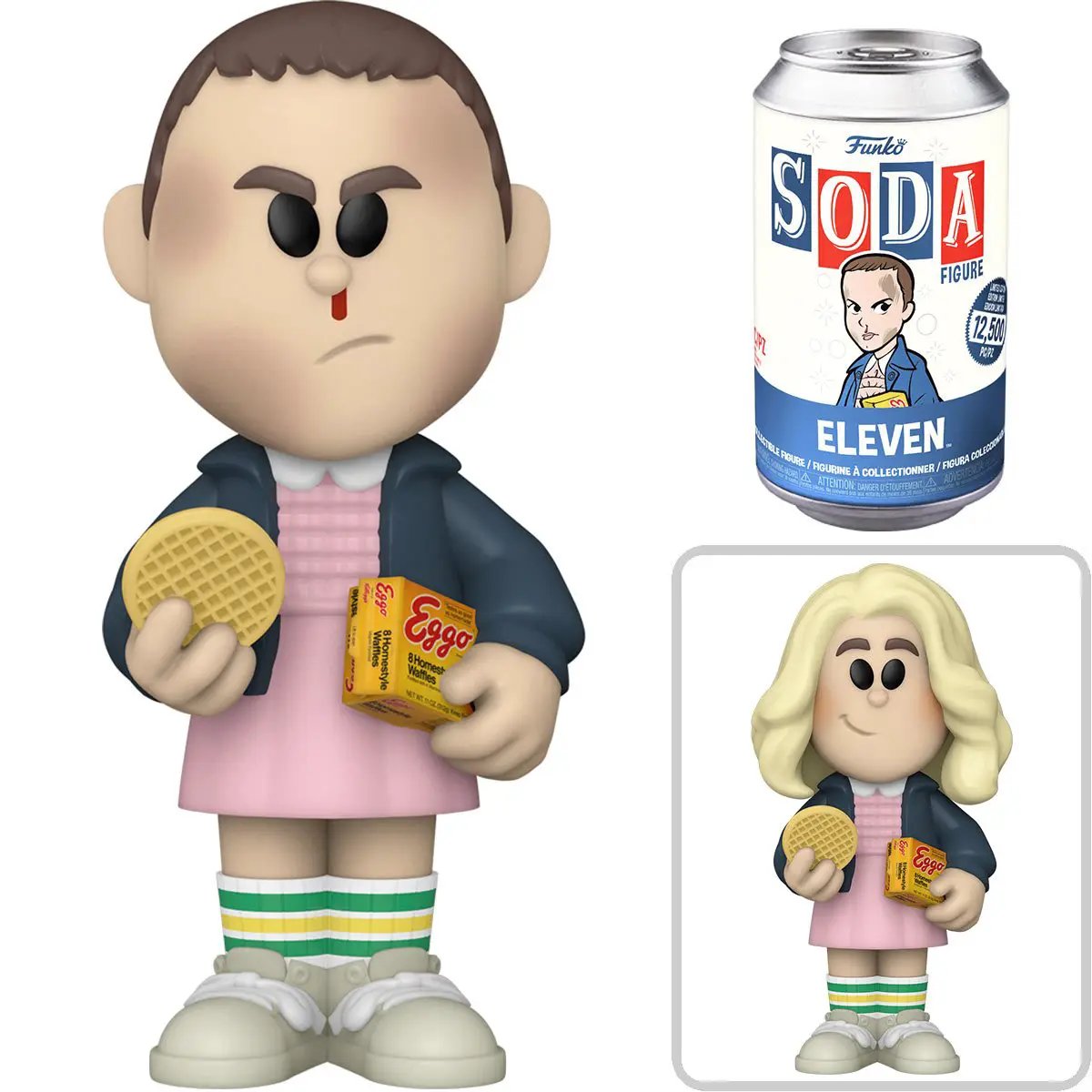 Vinyl SODA figure of Eleven from Stranger Things by THE MIGHTY HOBBY SHOP, featuring her iconic look and detailed design.