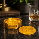 Set of four Bitcoin-themed coasters from B3 Customs featuring detailed cryptocurrency graphics for protecting surfaces.