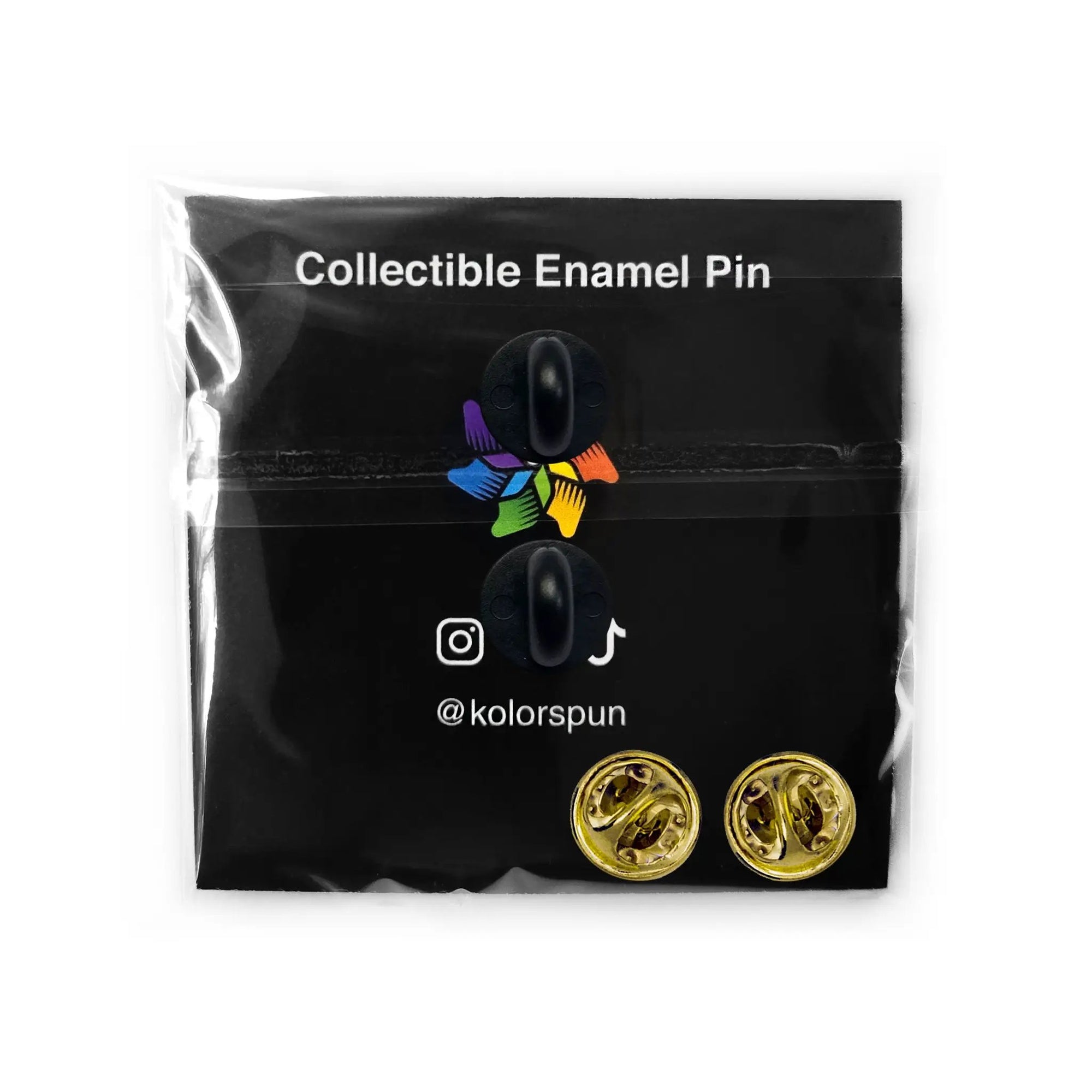 Black enamel pin featuring a Don't Ask crystal ball design from Kolorspun, with a black back and colorful front details.