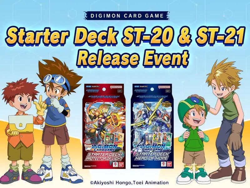 Digimon Card Game Starter Decks ST-20 and ST-21 with colorful cards and artwork displayed on a white background.