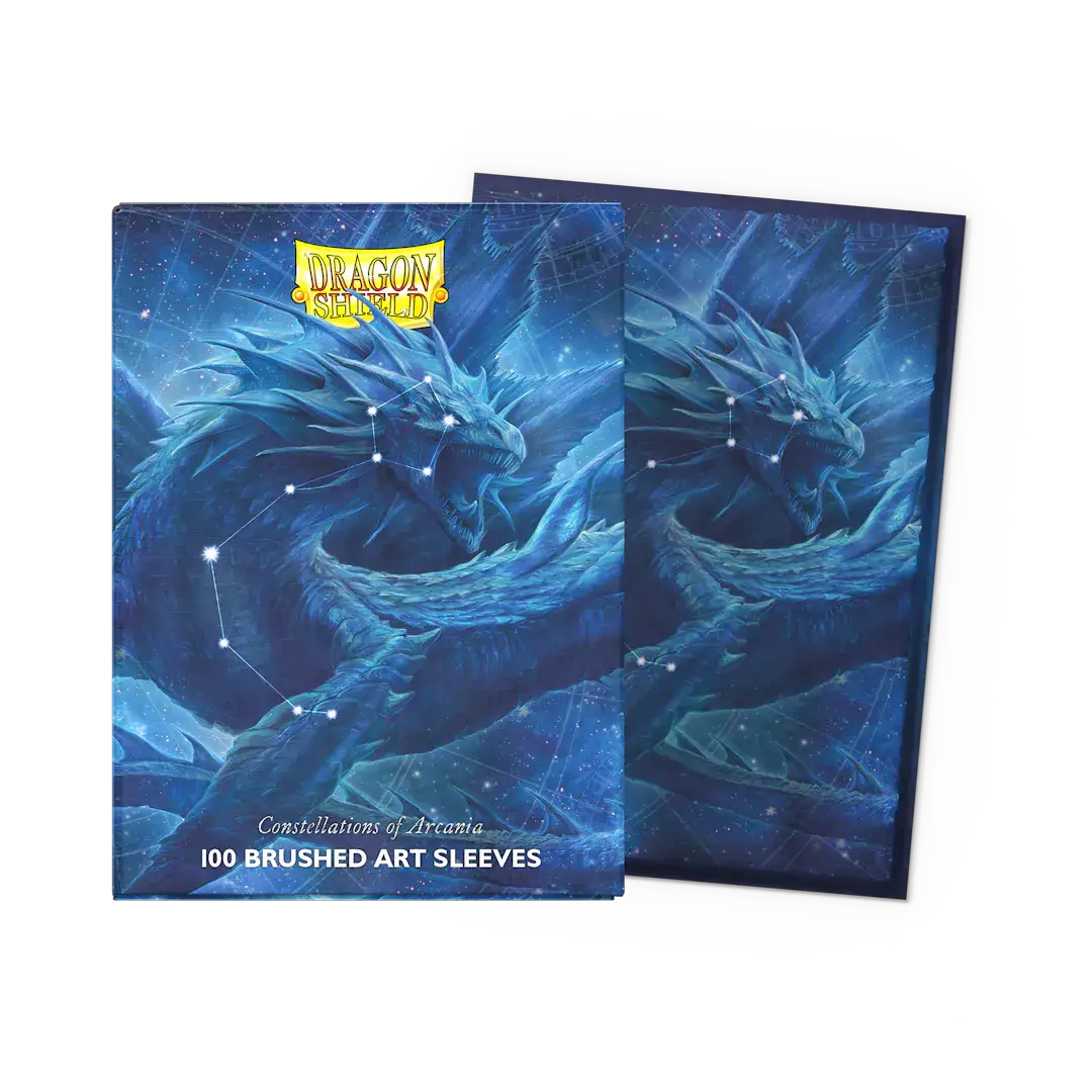 Flat view of Drasmorx Constellations brushed art sleeves in standard size, featuring celestial designs on a sleek box sleeve.