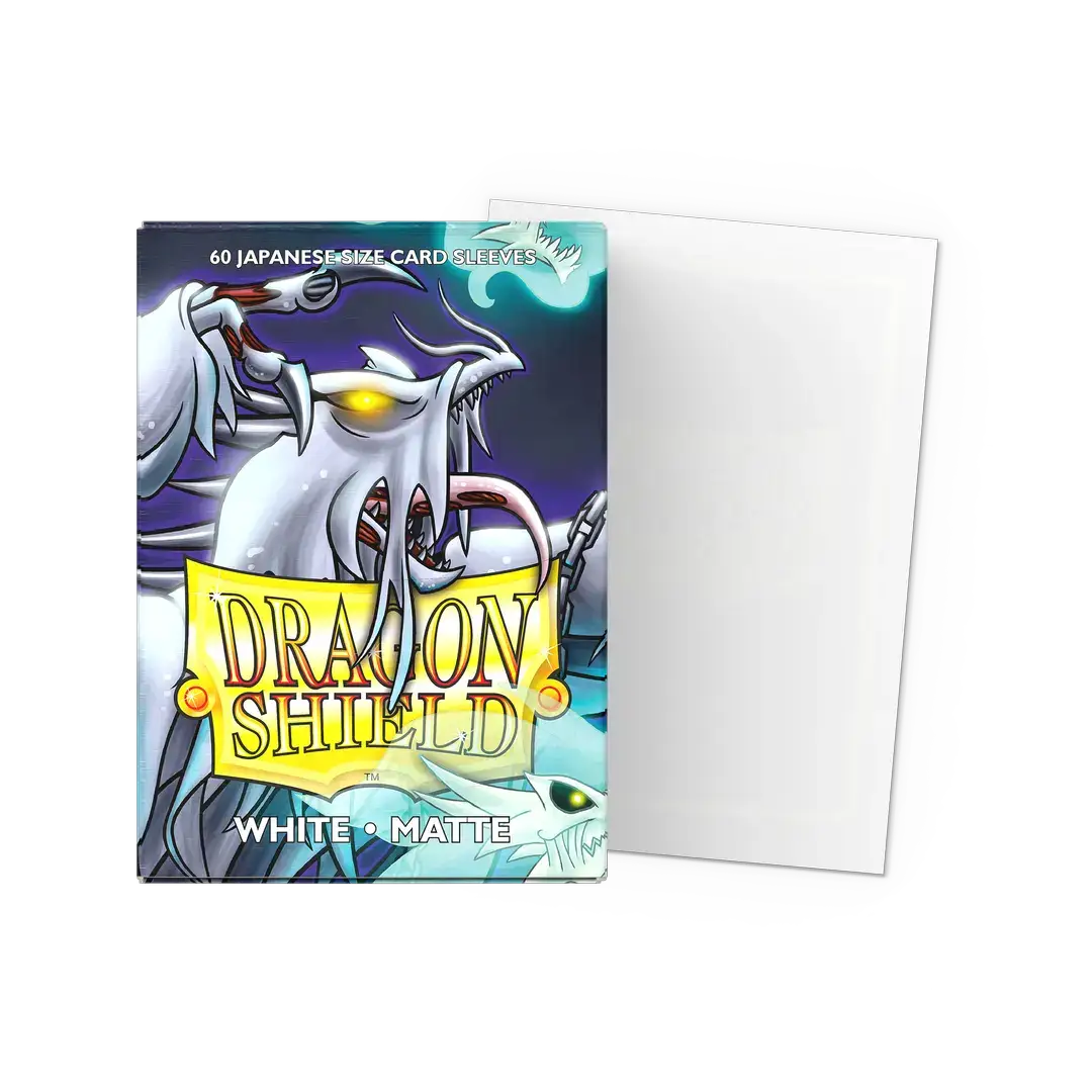 White matte Japanese size sleeves for trading cards, flat design, ideal for protecting collectible cards, by THE MIGHTY HOBBY SHOP