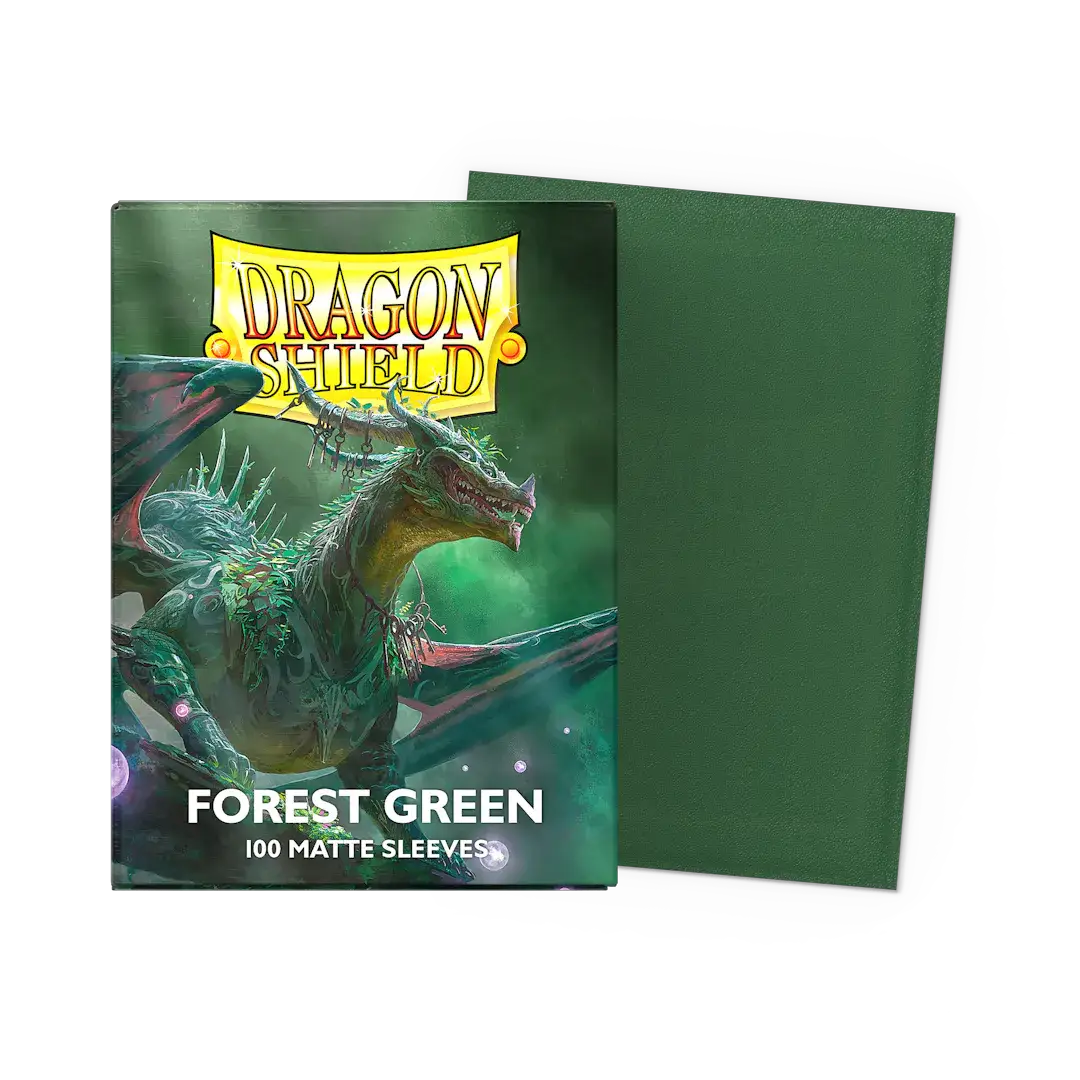 Forest green matte sleeves in standard size, featuring a flat box design, by THE MIGHTY HOBBY SHOP.