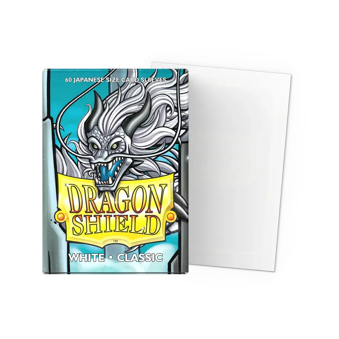 White classic Japanese size sleeves for trading cards, flat design with brand logo from THE MIGHTY HOBBY SHOP.