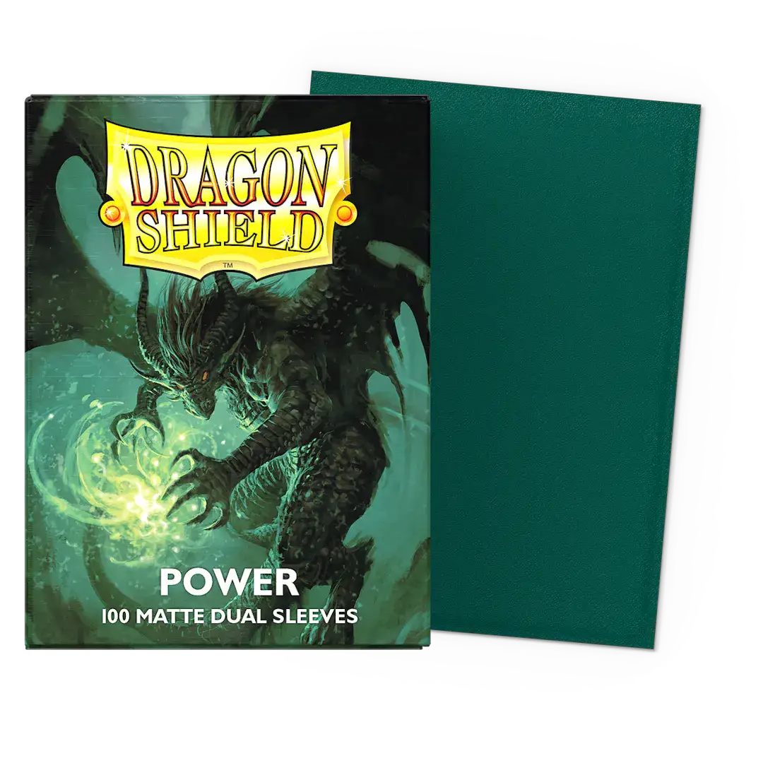 Flat image of THE MIGHTY HOBBY SHOP Power - Matte Dual Sleeves in standard size for card protection and gaming.