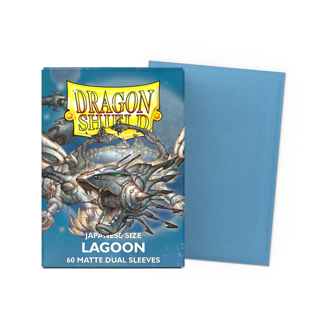 Flat image of Lagoon Matte Dual Sleeves in Japanese size, featuring sleek packaging from THE MIGHTY HOBBY SHOP.