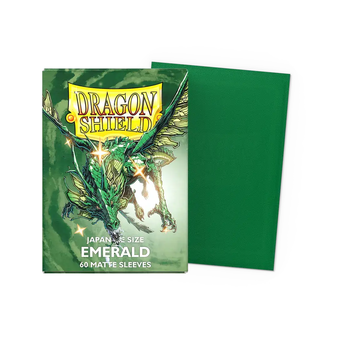 Flat image of an Emerald matte Japanese size sleeves box from THE MIGHTY HOBBY SHOP for protecting trading cards or collectibles.