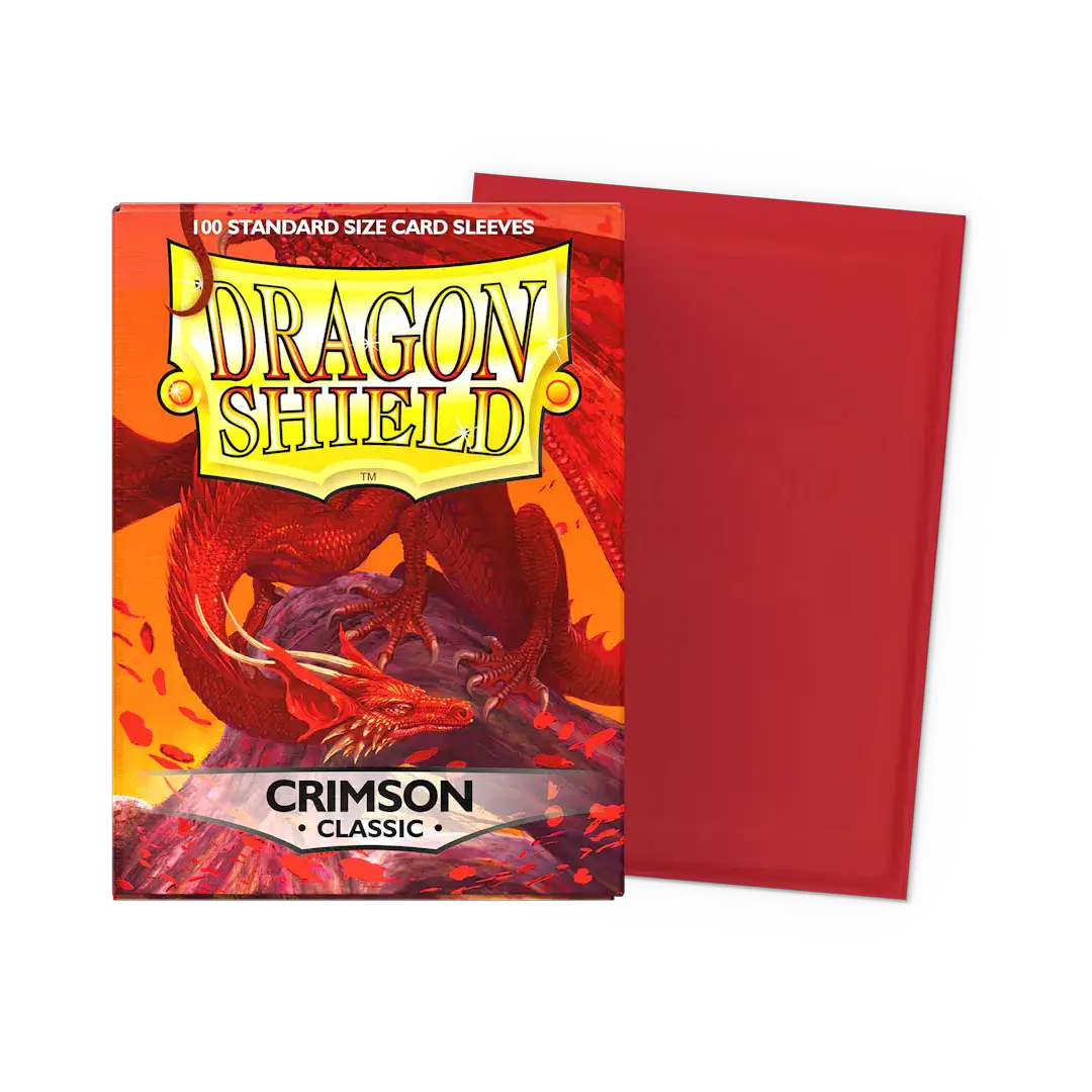 Flat view of Crimson Classic Sleeves in standard size by THE MIGHTY HOBBY SHOP, showing clear plastic card protectors in a box.
