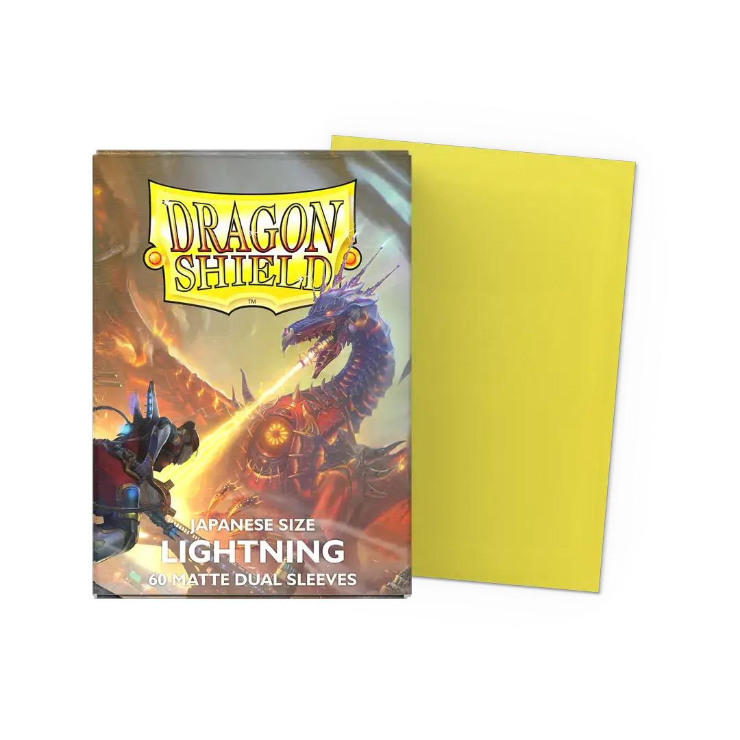 Flat image of Lightning Matte Dual Sleeves box with Japanese size packaging, designed for collectible card protection by THE MIGHTY HOBBY SHOP.