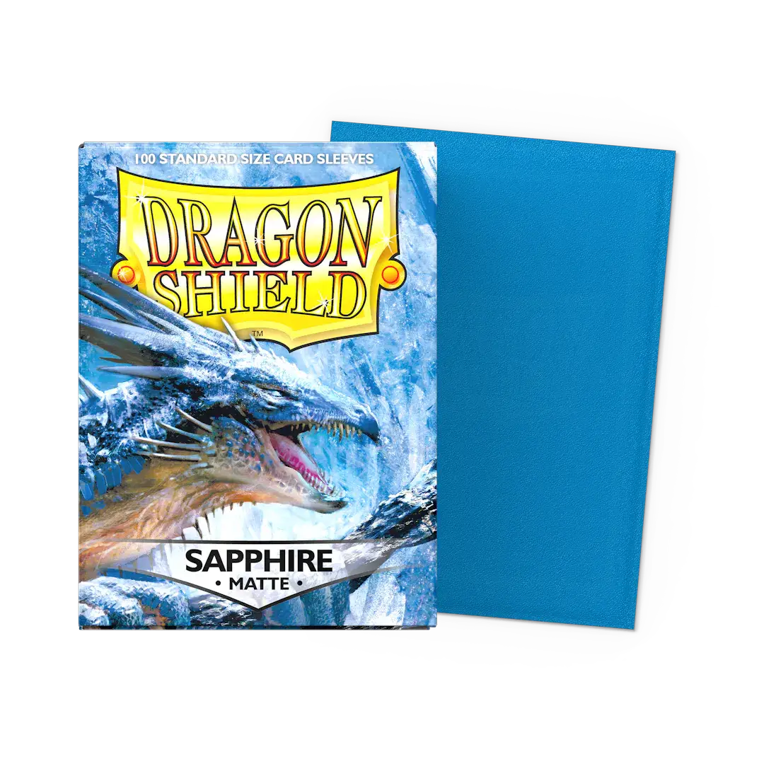 Matte sapphire standard size sleeves in a box, designed for protecting trading cards from THE MIGHTY HOBBY SHOP.
