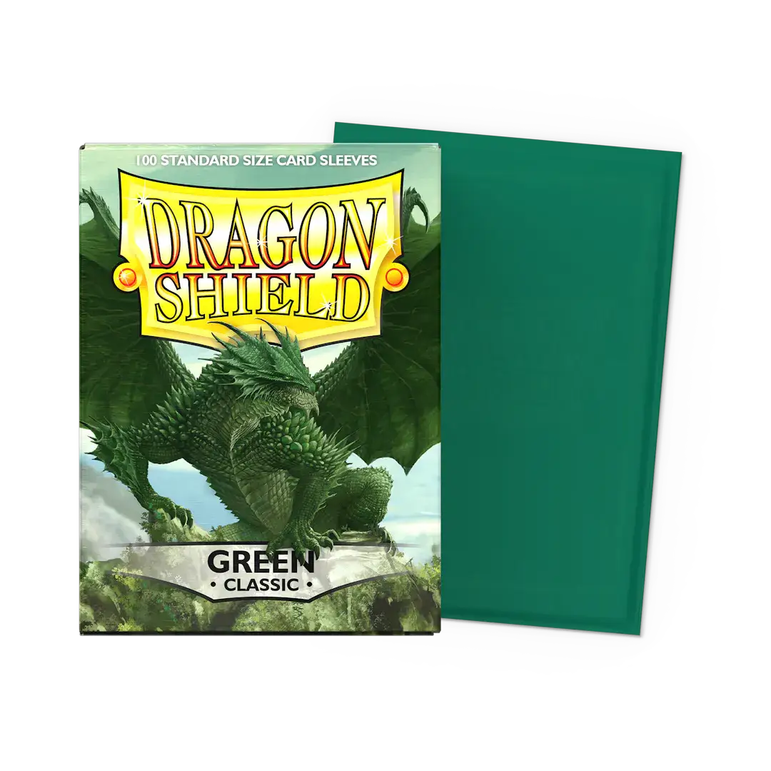 Green classic sleeves for standard card size, flat box with a smooth, transparent plastic exterior by THE MIGHTY HOBBY SHOP